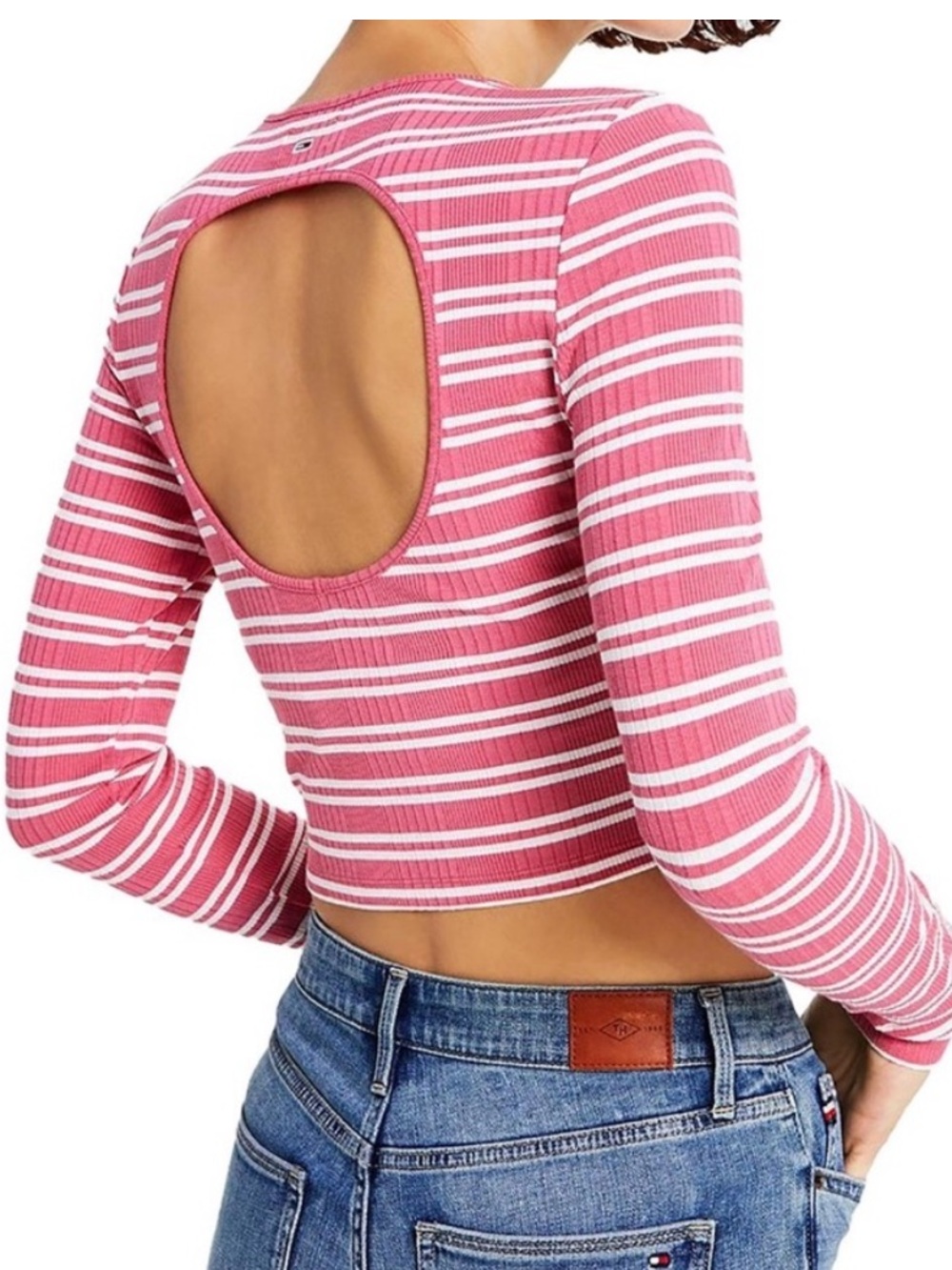 Tommy JEANS NWT S LIGHT RED WHITE Striped ROUND Open-Back CROP TEE TOP